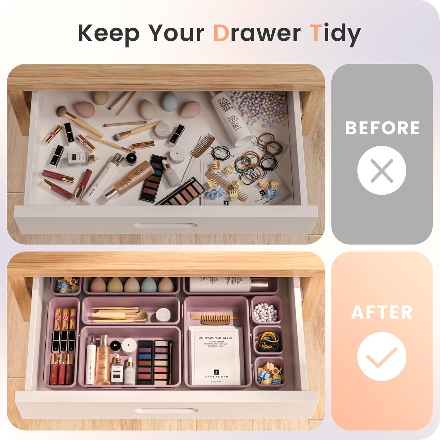 A-LuGei 【𝟮𝟮𝗣𝗖𝗦】 Plastic Lilac Desk Drawer Organizer, Bathroom Organizers and Storage, Makeup Organizer, Organization and Storage Bin Container for Vanity Office Utensils Tool Pantry Cosmetic