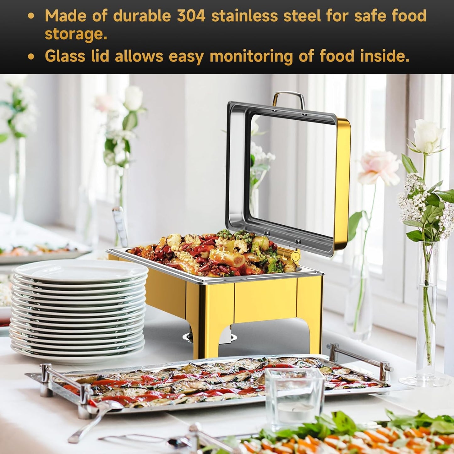 Chafing Dishes for Buffet, 9.5QT Square Stainless Steel Chafing Dish with Transparent Hydraulic Lid, 304 Food Pan, Buffet Warmer for Parties and Events (Golden)