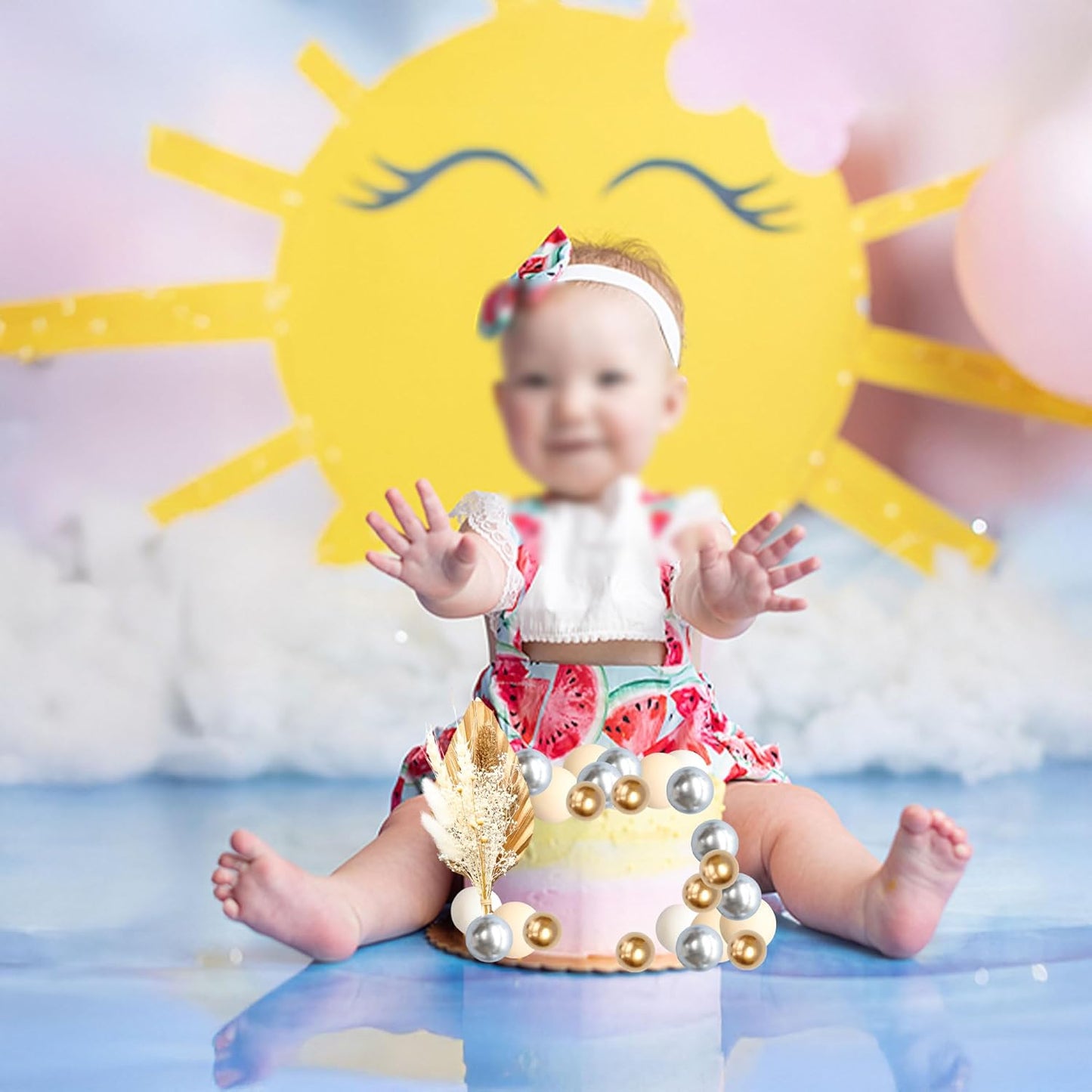 Gyufise 21 Pack Flower Boho Cake Topper Ball Cake Decorations Palm Leaves Plants Cake Decor for Girl Bohemian Princess Theme Wedding Baby Shower Birthday Party Supplies Gold White