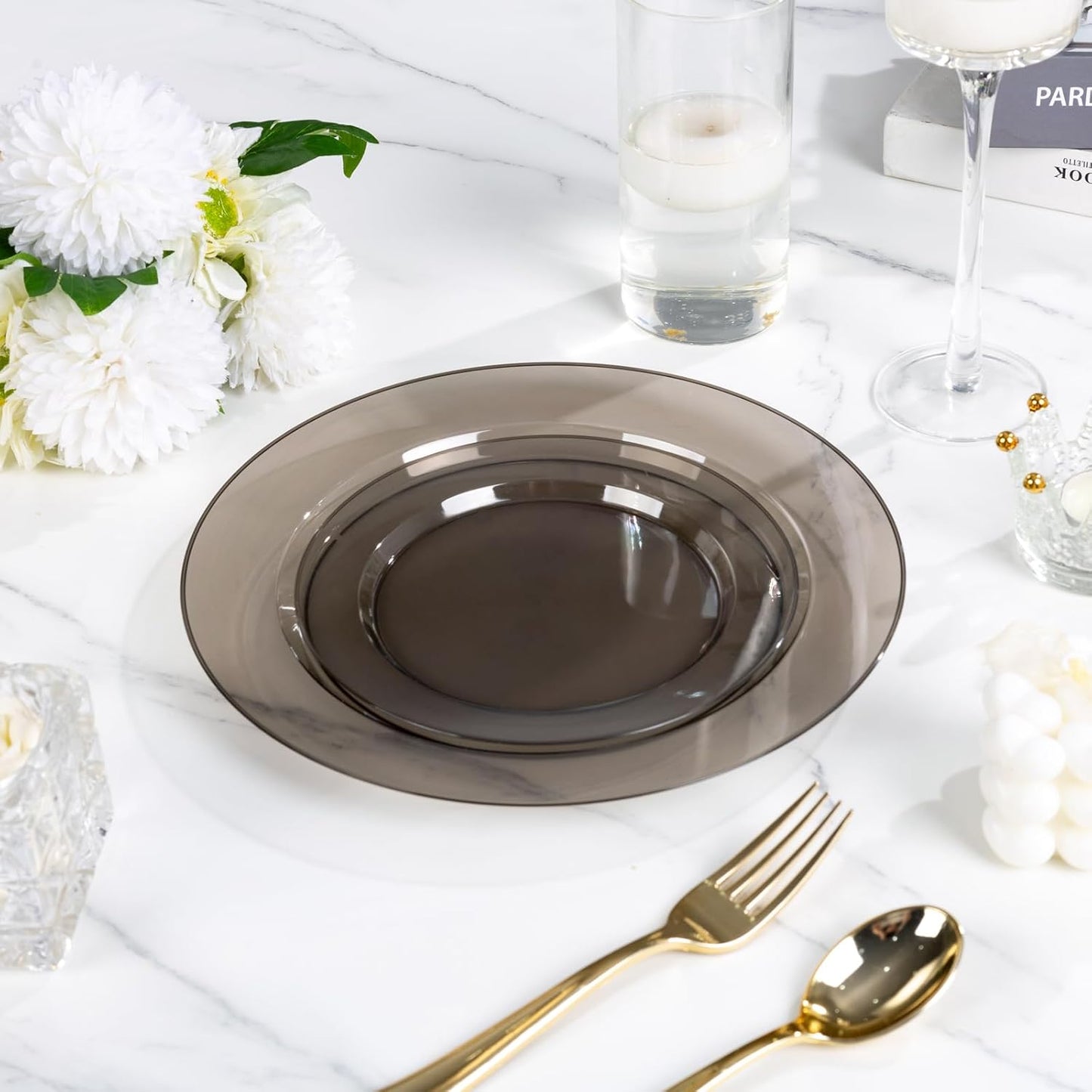 I00000 102 Pcs Clear Black Plastic Plates, Black Disposable Party Plates Include 51 Dinner Plate 10’’ and 51 Dessert Plate 7’’ Perfect for Birthday, Party & Wedding