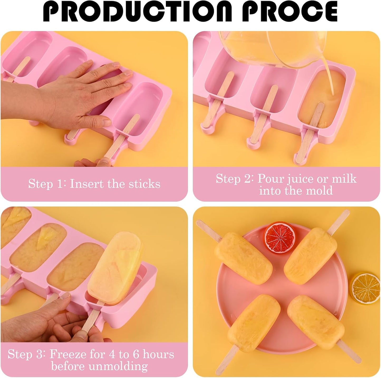 Sakolla Silicone Popsicle Molds Set of 3, Large Oval 4 Cavities Homemade Ice Pop Molds with 150 Wooden Sticks for Ice Cream, Cakesicles, Cake Pop (Pink)