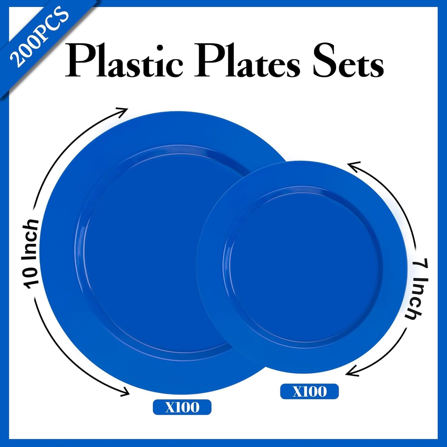 I00000 200 Pcs Blue Plastic Plates, Disposable Party Plates Include 100 Blue Dinner Plate 10’’ and 100 Plastic Dessert Plate 7’’ Perfect for Birthday, Party & Wedding