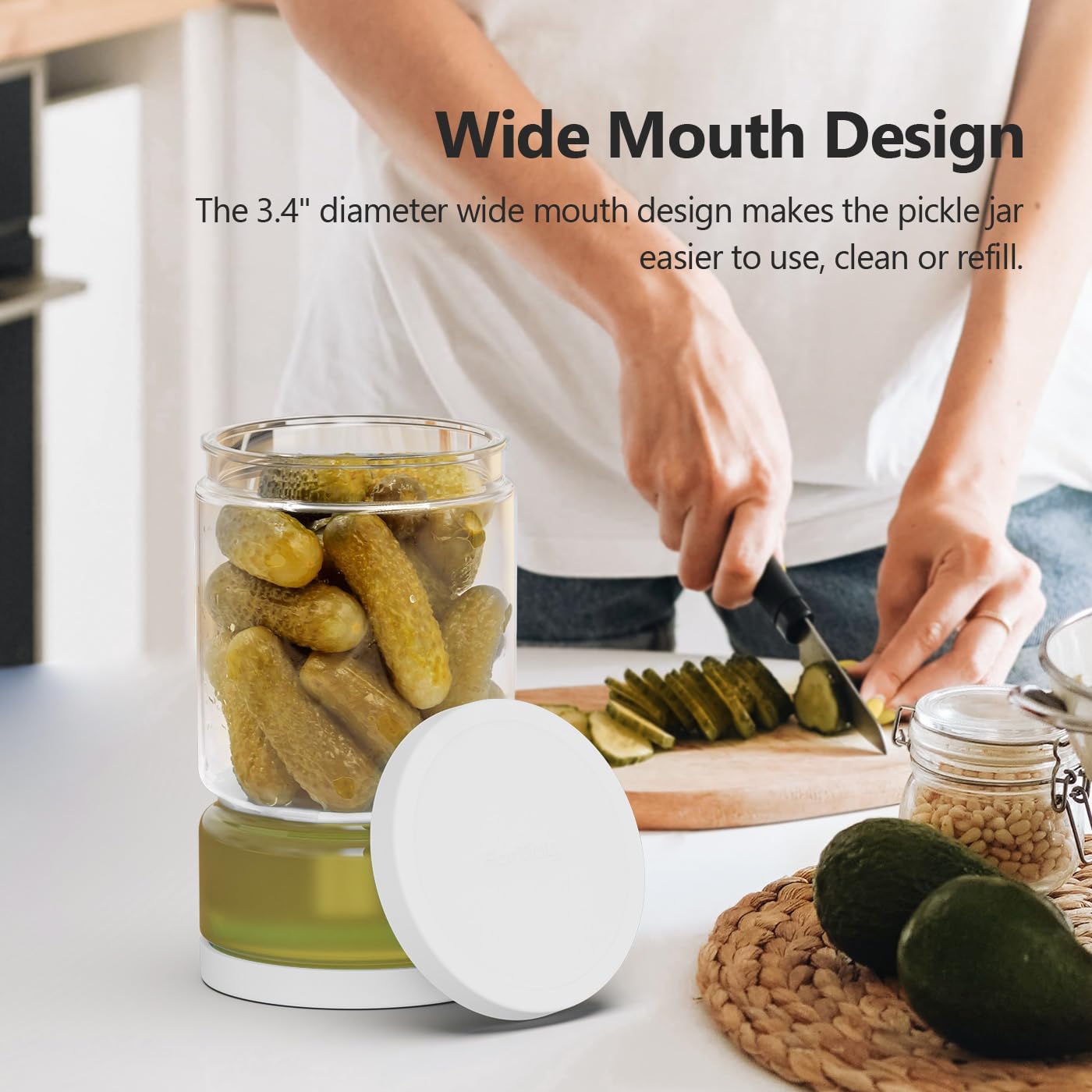 Glass Pickle Jar with Strainer for Pickle Lover - 45 Oz Leakproof and Airtight Juice Separator for Olive, Gherkin, Chilli, BPA Free, Dishwasher and Refrigerator Safe (White&Blue, 45oz*2pcs)