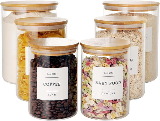 Set of 6 Glass Flour and Sugar jars with 132 Kitchen Pantry Labels - Thicken Large Glass Storage containers with Airtight Bamboo Lid - Glass Rice Canisters for Salt Coffee(100OZ/54OZ/27OZ)