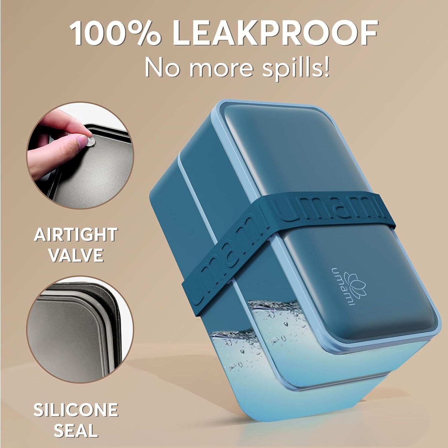 Umami Bento Box Adult All-In-1 w/4 Utensils, Big Sauce Jar, 2 Dividers, 100% Leakproof, Microwave & Dishwasher Safe, Stackable Bento Lunch Box Containers for Men/Women, Denim Blue, 40 oz