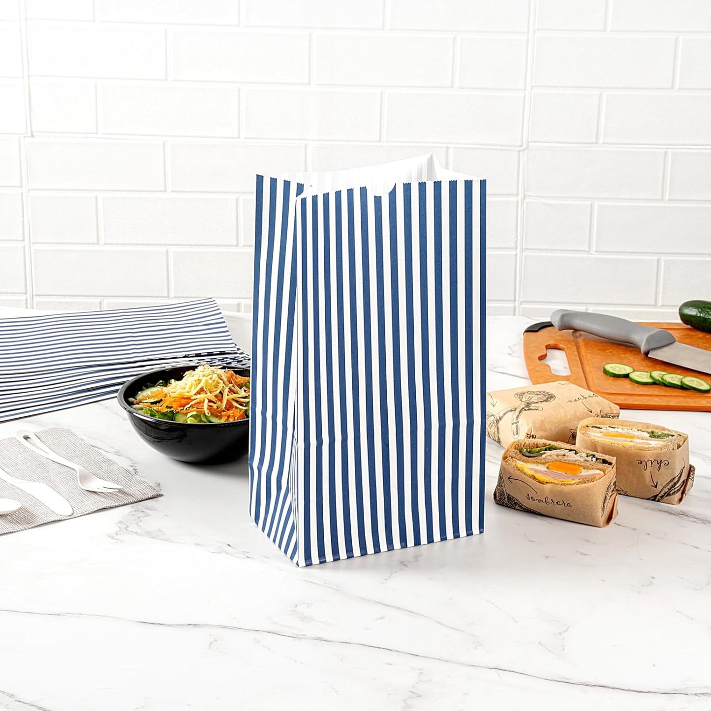 Restaurantware Bag Tek 12 LB Disposable Lunch Bags 100 Sturdy Take Out Bags - Flat Bottom Great For Restaurants Cafes And Bakeries Blue And White Paper Popcorn Bags Versatile For Grocery