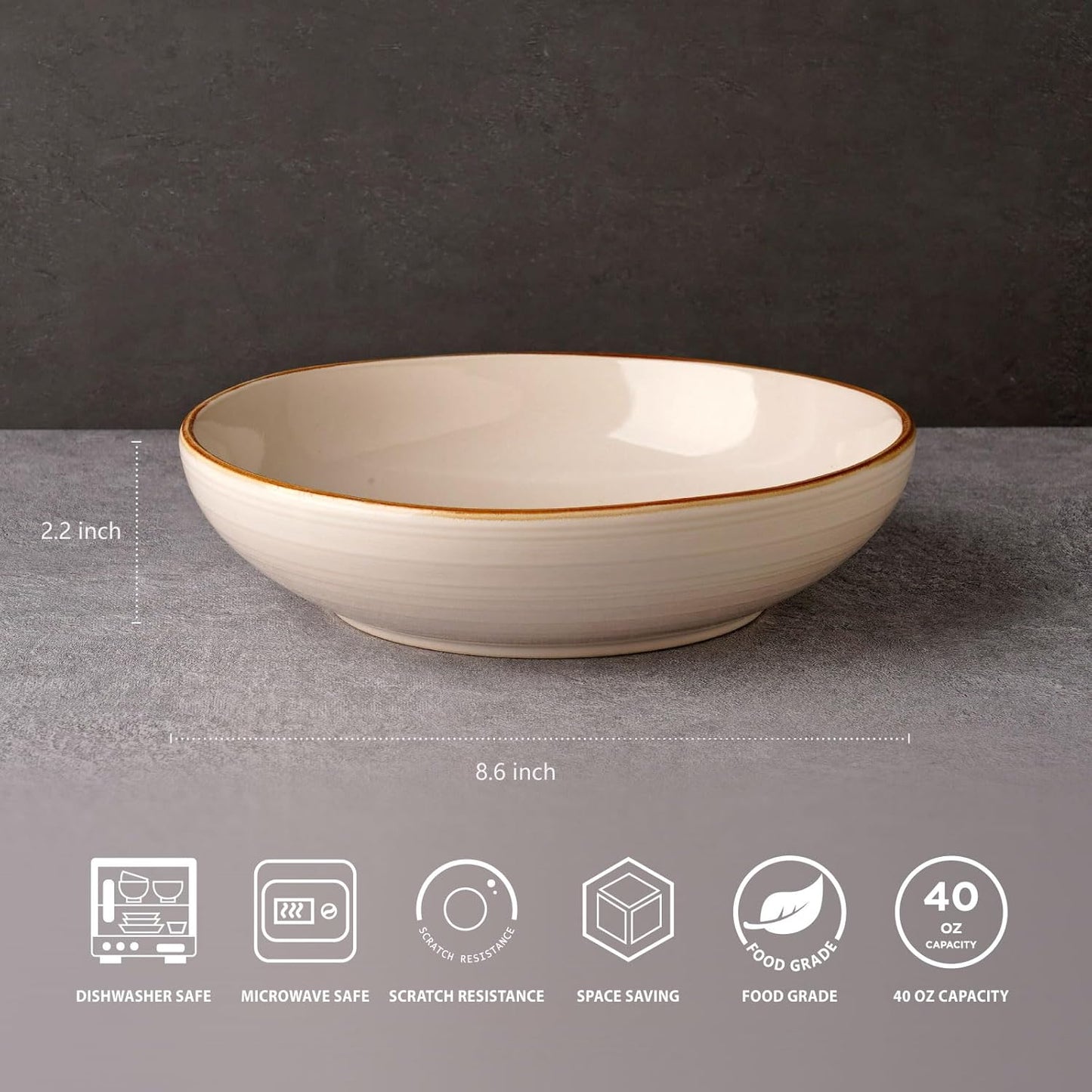 famiware Tempus 8.6'' Pasta Bowls Set of 4, 40 oz Bowls for Kitchen, Stoneware Deep Serving Bowls, Dishwasher & Microwave Safe Bowls for Cereal, Salad, Soup, Dessert etc - Antique White