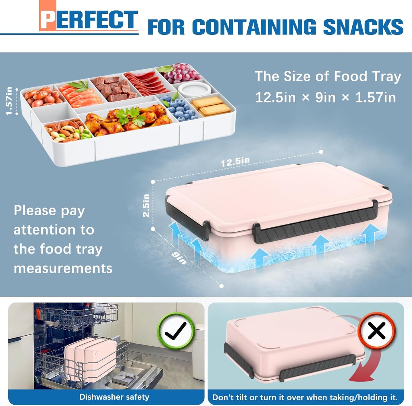 Chilled Portable Snackle Box Container with Reusable Ice Pack Bonus Insulated Bag 2Dip Container Divided Serving Tray Beach Essentials for Charcuterie Road Trip Picnic Family Party