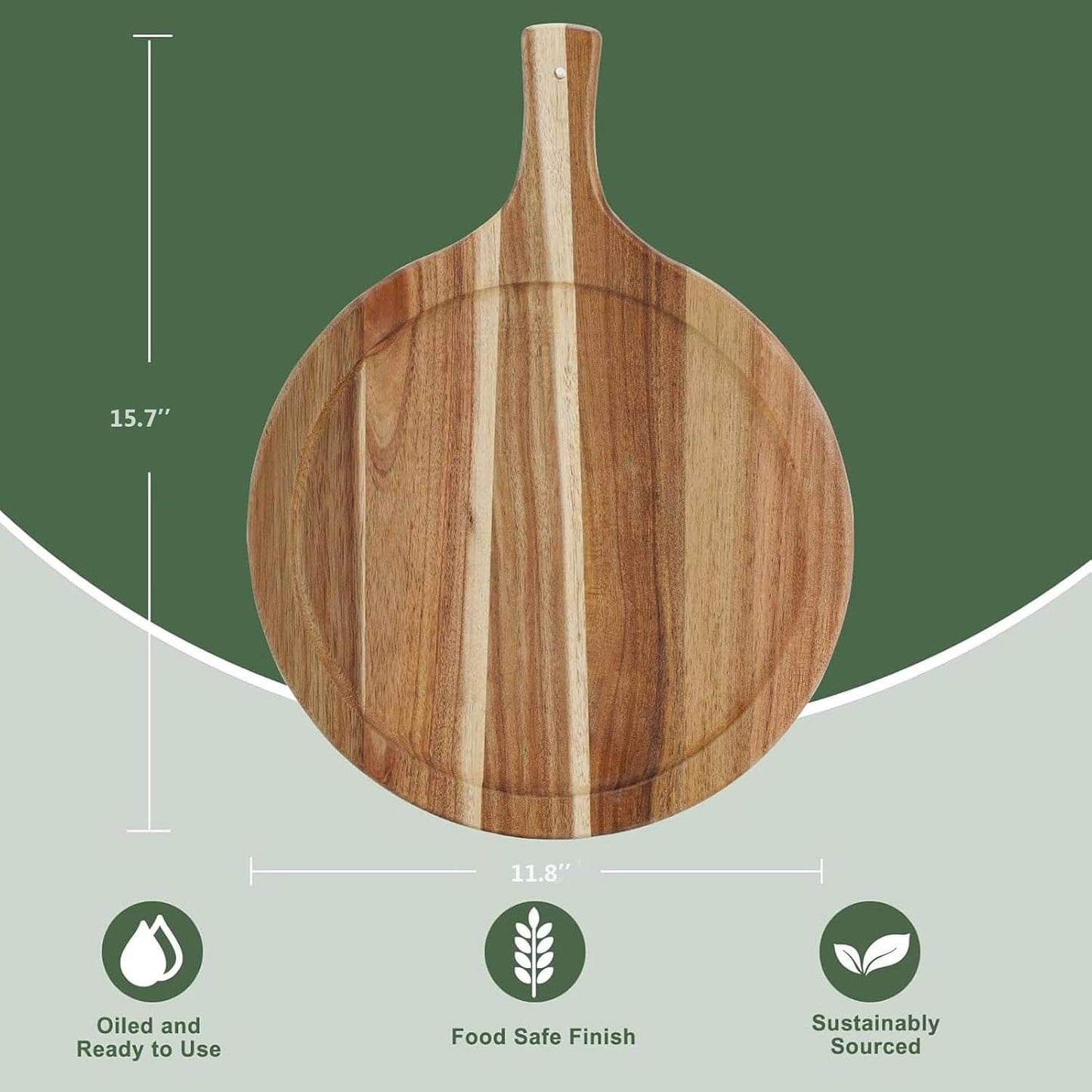 Acacia Wood Round Cutting Board with Handle, Pizza Cutting Boards for Kitchen, Small Wooden Chopping Board, Charcuterie Serving Boards for Cheese, Meat, Vegetables, Bread, 15.7" x 11.8"