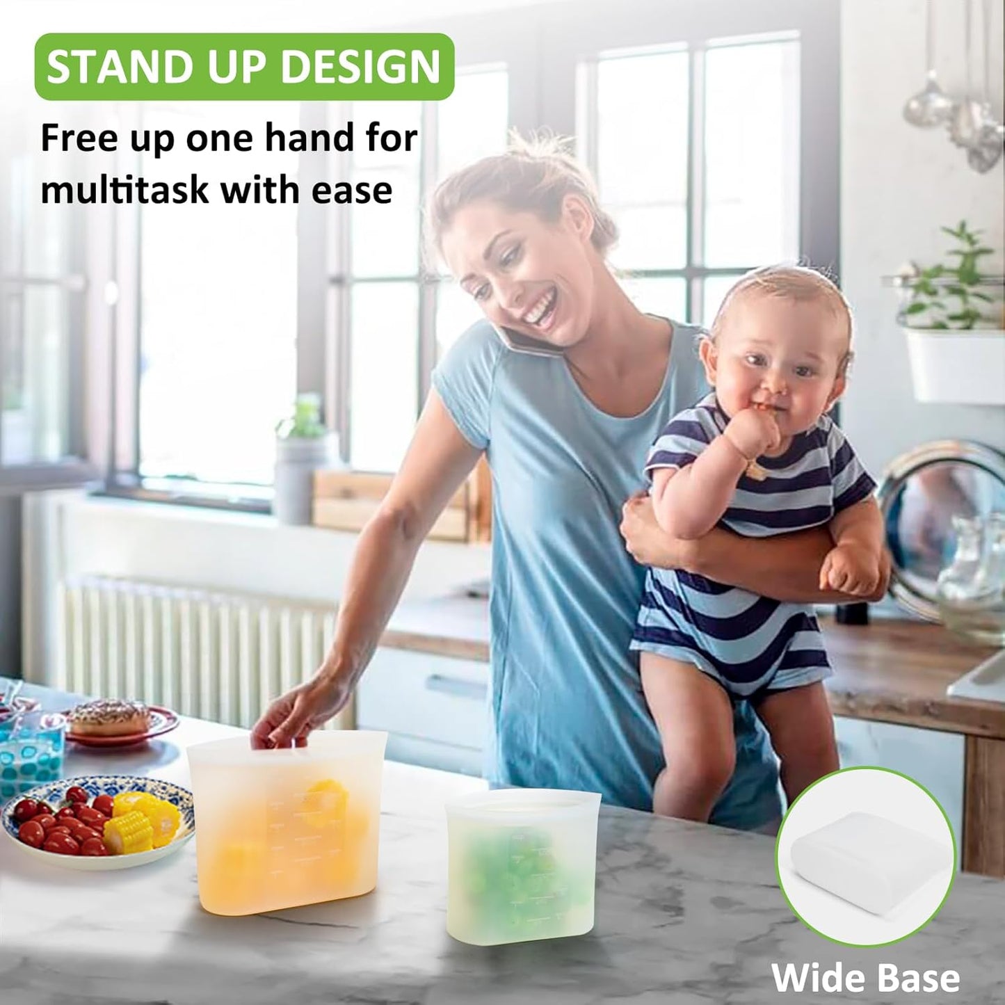 Reusable Sandwich & Snack Bags, 8 Pack 100% Silicone Stand Up Zip Lock Food Storage Bags for Food Container, Freezer Microwave Oven Dishwasher Safe, 4 Small 4 Extra Small, Translucent