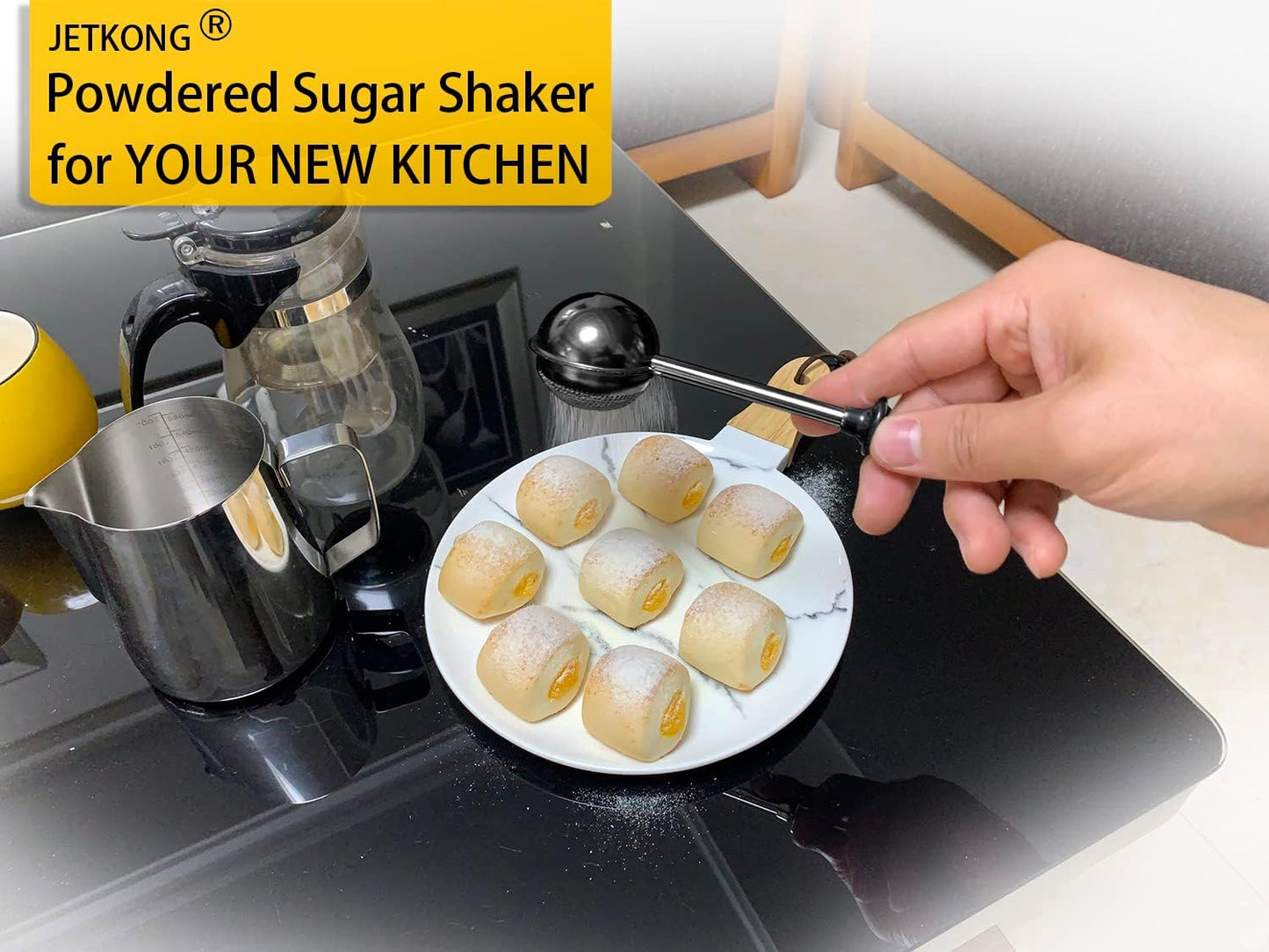 JETKONG Powdered Sugar Shaker Duster Flour Dispenser Shaker with 18/8 Stainless Steel Spring-operated Handle for Sugar Flour and Spices (Black)