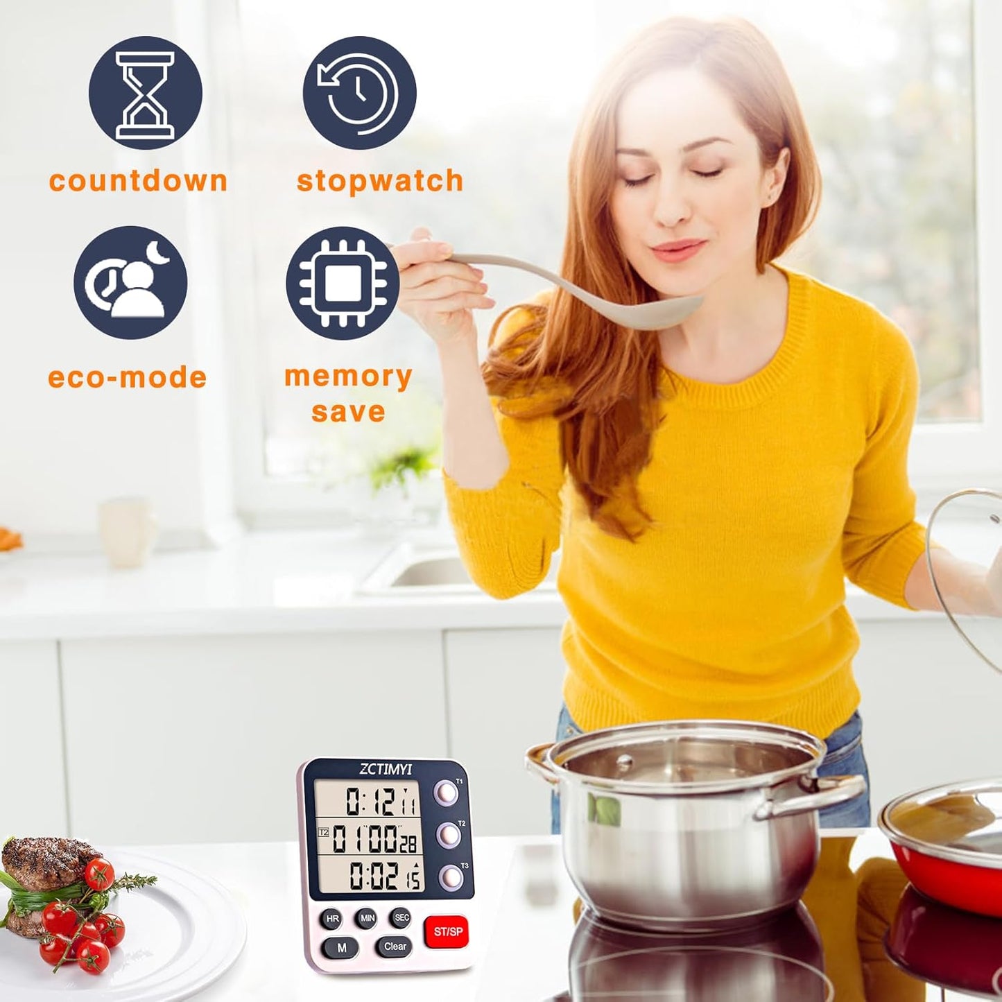 Dual Digital Timer for Kitchen Cooking, 3 Channels Count Down/Up Triple Timer with Memory Presets Magnetic Back & Large Display Adjustable Alarm Volume, Multi Times Management Suit for Baking, White
