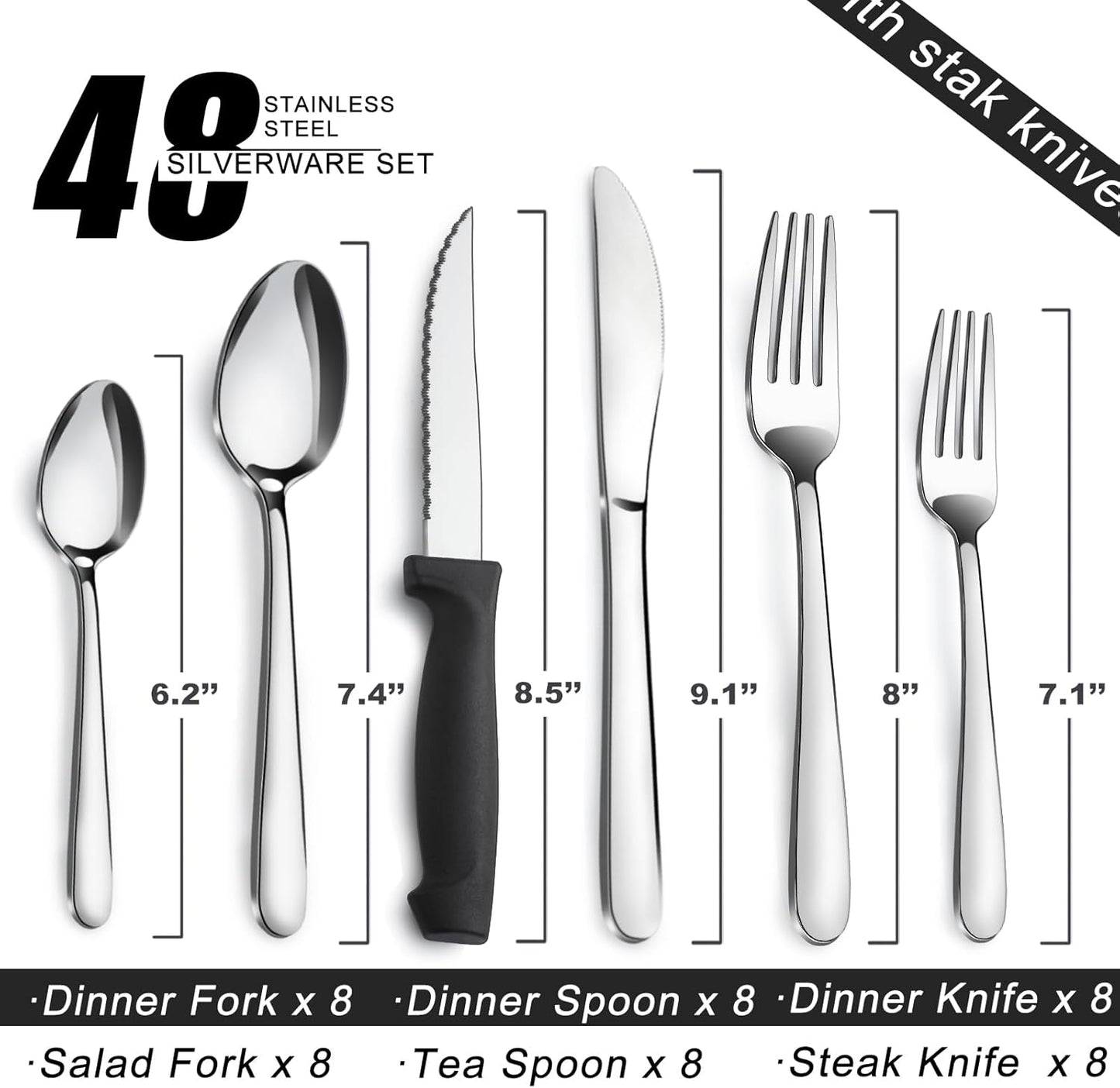 Pleafind 48-Pieces Silverware Set for 8, Flatware Set with Steak Knives, Stainless Steel Cutlery Set, Include Forks Spoons and Knives Set, Dishwasher Safe Utensil Sets for Home Restaurant