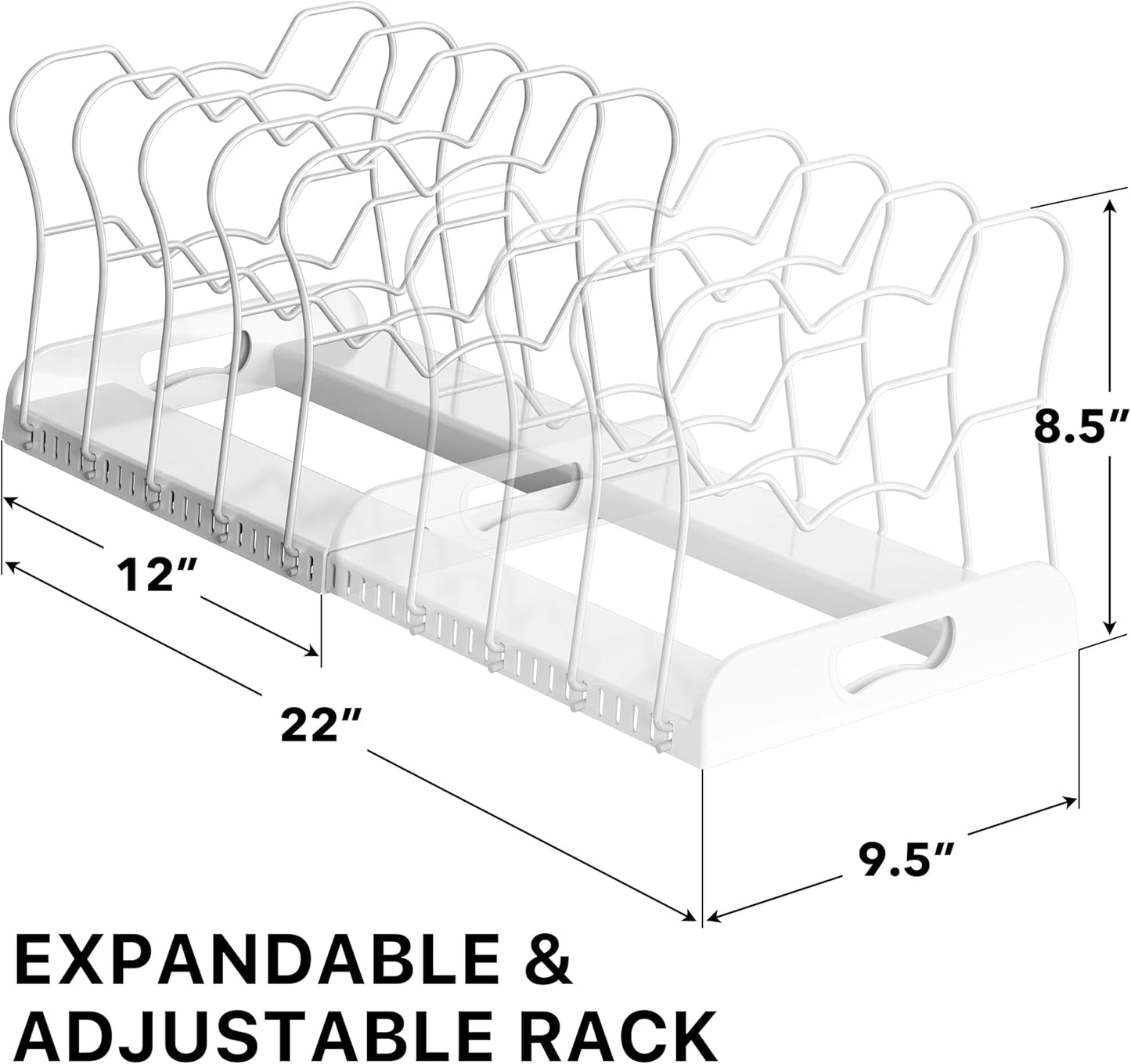SIMPLE HOUSEWARE Expandable Pan Organizer Rack, 10 Adjustable Compartments, White - Kitchen Cabinet Organizer for Pots, Pans, Lids & Bakeware - Pantry & Countertop Storage