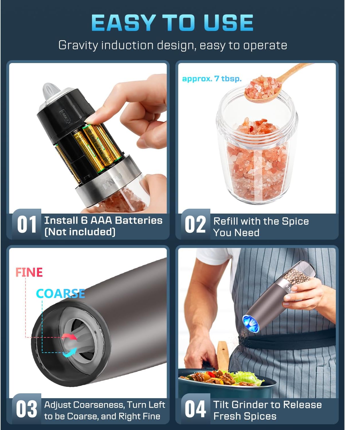 XinXu Gravity Electric Pepper and Salt Grinder Set, Adjustable Coarseness, with LED Light, One Hand Automatic Operation (Set/Brown L)