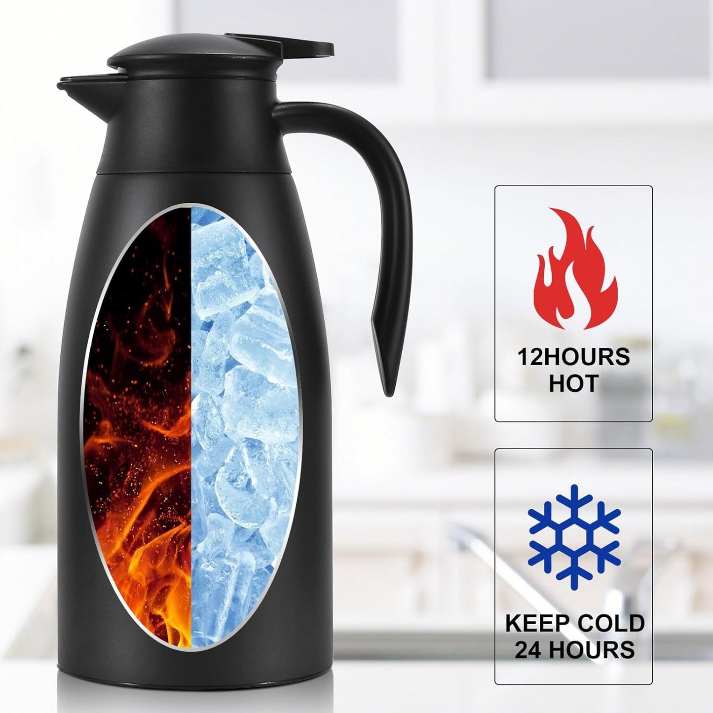 70 oz Thermal Coffee Carafe, Updated 2 PCS Insulated Stainless Steel Coffee Carafes for Keeping Hot Coffee & Water Hot Beverage-12Hours, Double Walled Vacuum Coffee Carafe(Black+Red)