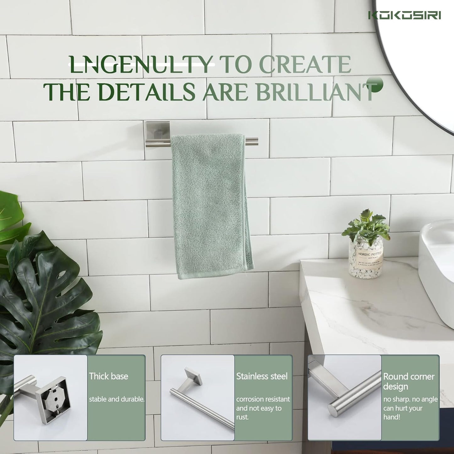 KOKOSIRI Bathroom Hand Towel Holder Brushed Nickel Bathroom Hardware, Suitable for Wall Mounted Towel Bar Screw in 2 Pack Stainless Steel, B3008BR-P2