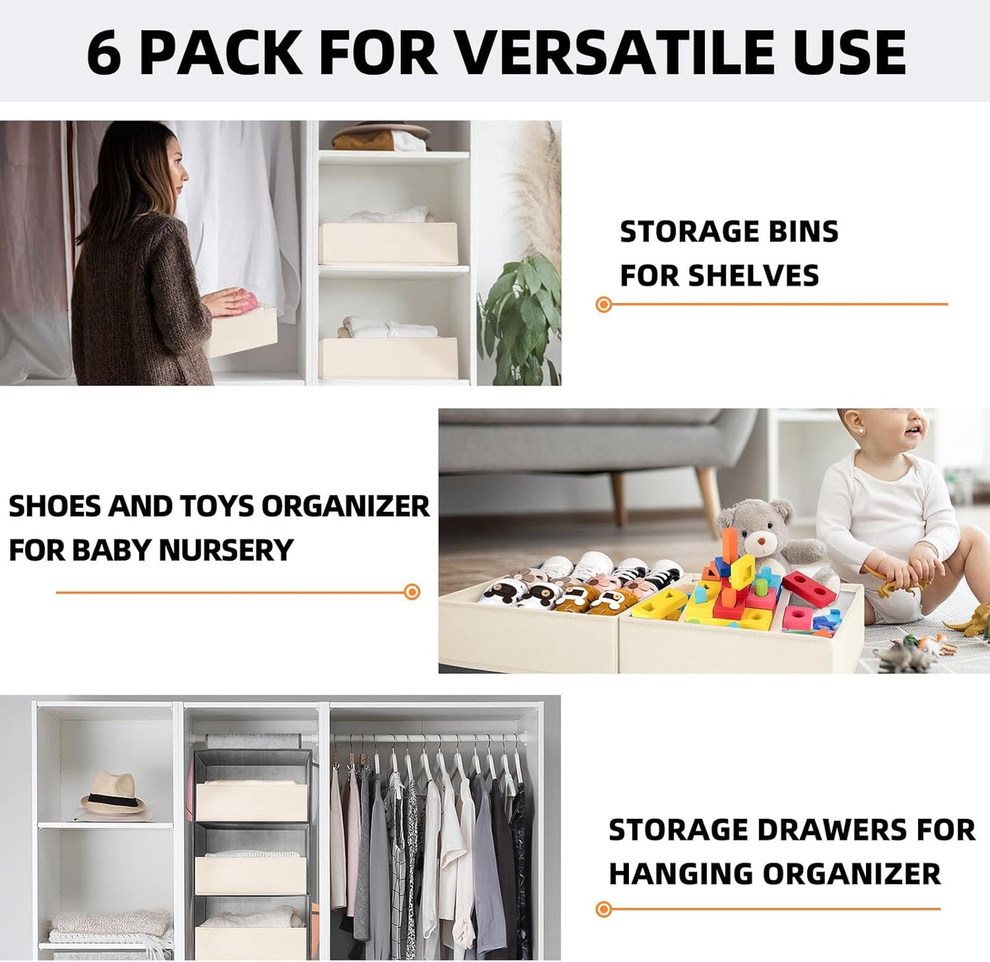 Criusia Drawer Organizer Clothes 6 Pack - Sock Underwear Drawer Organizer Divider - Dresser Organizer Bins for Closet Bedroom - Baby Clothes Organizers and Storage for Nursery Organization -Beige