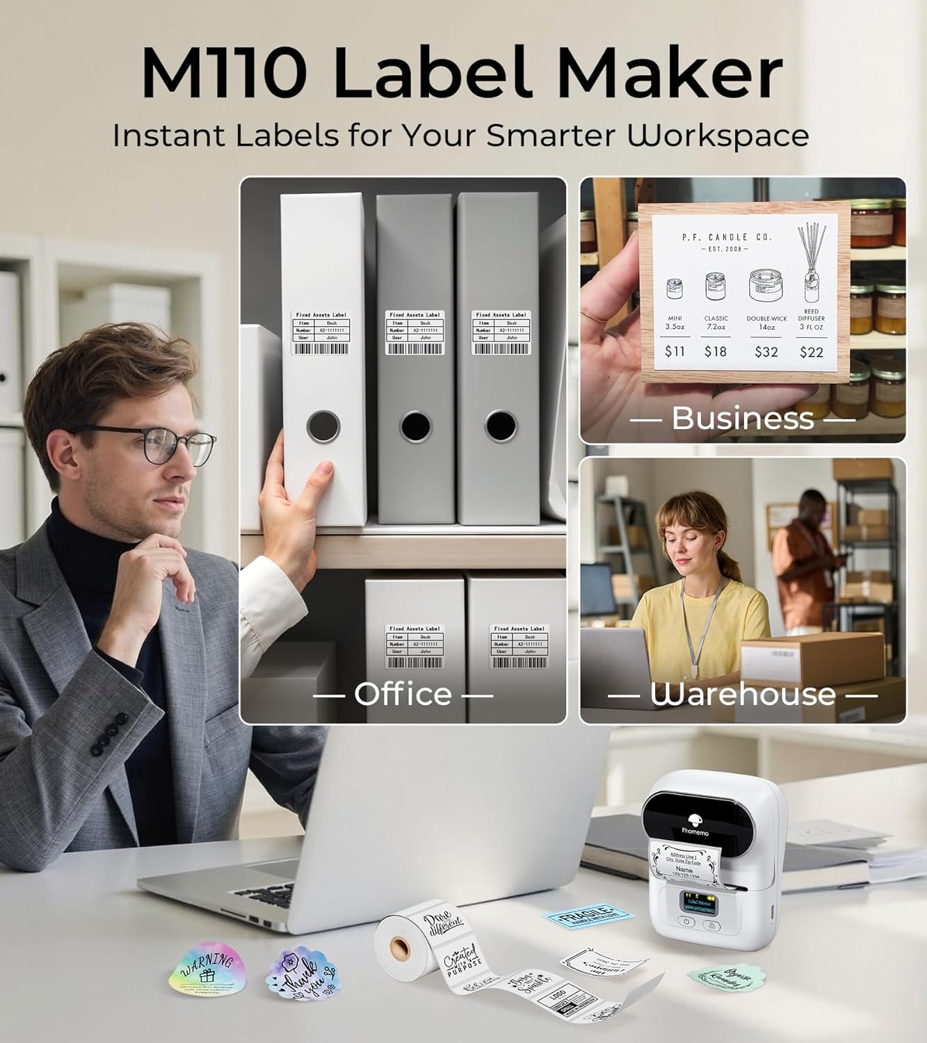 Phomemo M110 Label Makers - Portable Bluetooth Thermal Label Maker Machine,Label Printer for Name, Barcode, Clothing, Jewelry, Retail, Mailing, for Android & iOS, with 1Pack 40×30mm Label, White