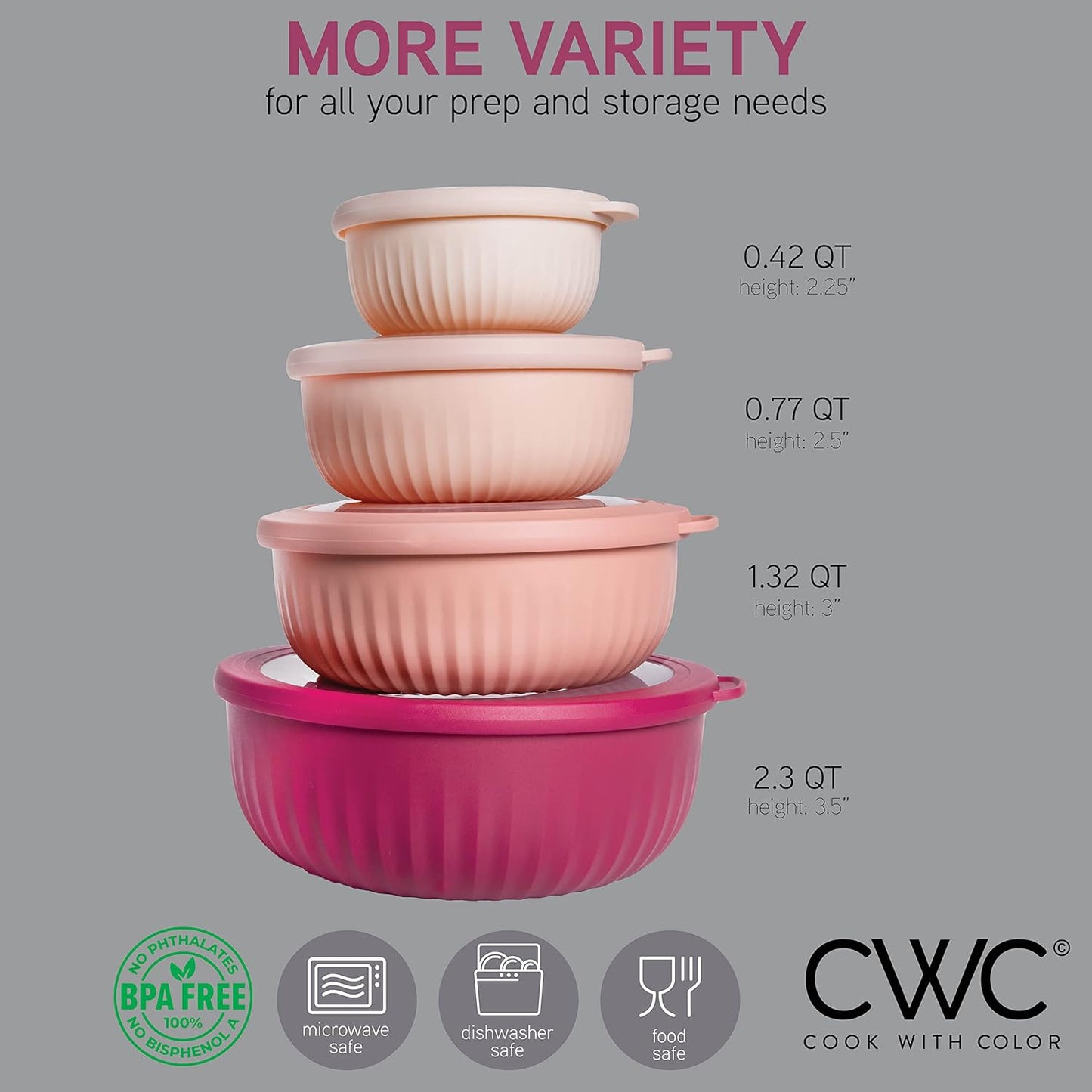 COOK WITH COLOR Prep Bowls with Lids- Wide and Deep Nesting Plastic Small Mixing Bowl Set with Lids, 8 Piece Set - Wide Bowls, Rose