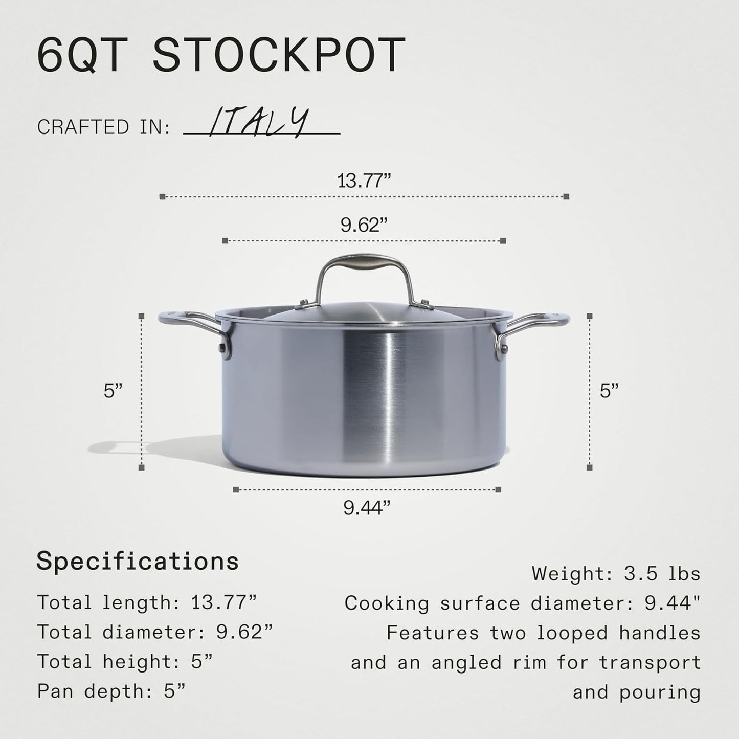 Made In Cookware - 6 Quart Stainless Steel Stock Pot With Lid - 5 Ply Stainless Clad - Professional Cookware - Crafted in Italy - Induction Compatible