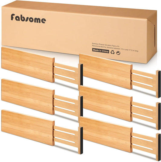 Fabsome Dresser Drawer Organizers 6 Pack, 4.65'' High Adjustable from 17-22‘’ Bamboo Drawer Dividers for Clothing Baby Clothes, Wooden Separators for Dresser Nursery Organization with Soft Foam Ends