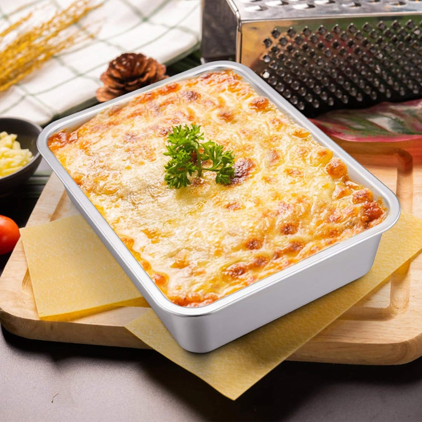 Deep Lasagna Pan, E-far Stainless Steel Rectangular Roasting Baking Pans, 12.75 x 10 x 3.2 Inches Roaster Baking Dish, Non-Toxic & Heavy Duty, Dishwasher Safe