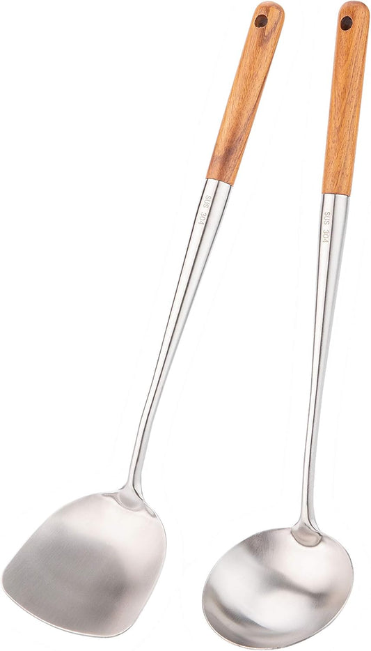 FJNATINH Wok Spatula and Ladle Tool Set, 17inches Spatula for Wok, 304 Stainless Steel Spatula Soup Ladle