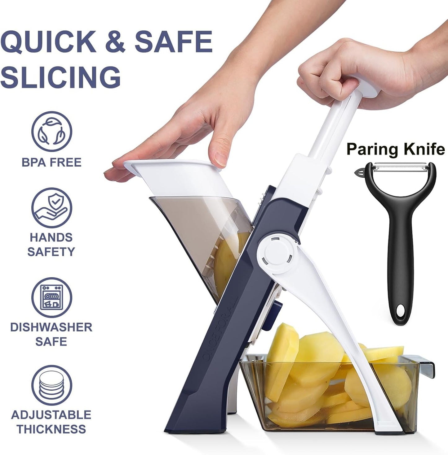 Safe Mandoline Slicer for Kitchen, Meal Prep, Potato Slicer, Adjustable/Easy to Clean/Storage, Kitchen Chopping Artifact, French Fry Cutter,Paring Knife/Cleaning Brush (only Slice, DarkBlue)