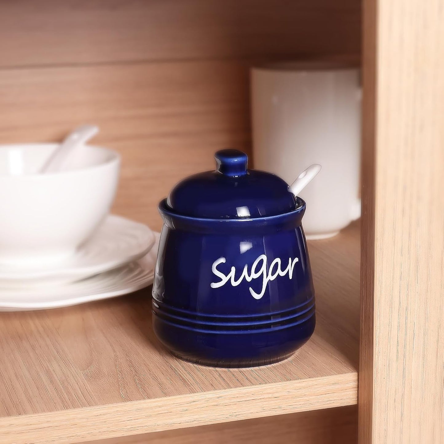 HAOTOP 12oz Sugar Bowl with Lid and Spoon,Ceramic Sugar Jar Sugar Dispenser Sugar Container Coffee Bar Accessories, Kitchen Countertop Canisters, Navy