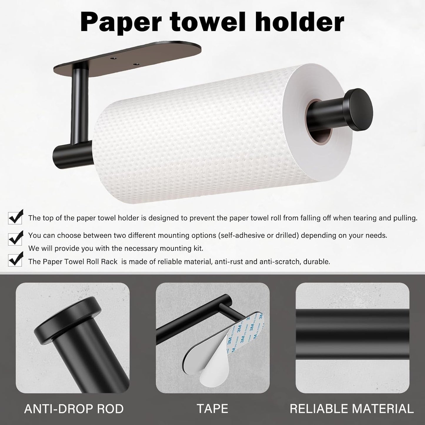 Self Adhesive or Drilling Paper Towel Holder Under Cabinet,Black Stainless Steel Hanging Paper Towel Holder Wall Mount for Kitchen Paper Towel,Under Counter Paper Towel Roll Rack for Home,Bathroom,RV