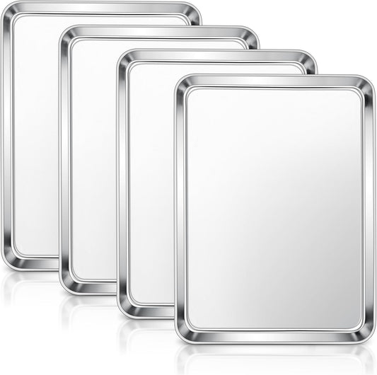 E-far Stainless Steel Baking Sheets Set of 4, 12.4” x9.7” Baking Cookie Sheets Pans for Oven, Non-toxic Metal Trays for Cake Cookies, Healthy & Rust Free, Mirror Finish & Dishwasher Safe