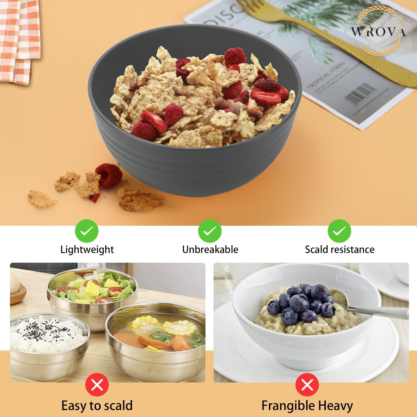 Wheat Straw Bowl Sets for Camping,8 PCS Unbreakable Cereal Bowls 26 OZ,Microwave and Dishwasher Safe Bowls,Kids Bowl suitable for cereal,salad,snack and soup (Deep Grey)