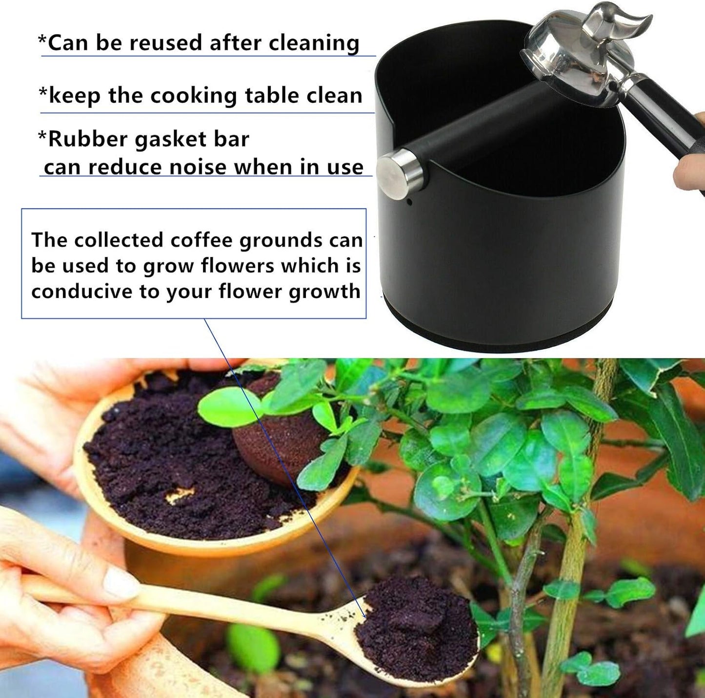 DIBTSA Espresso Knock Box, Stainless Steel Coffee Grounds Knock Box, With Removable Knock Bar and Non-Slip Rubber Base (Black)