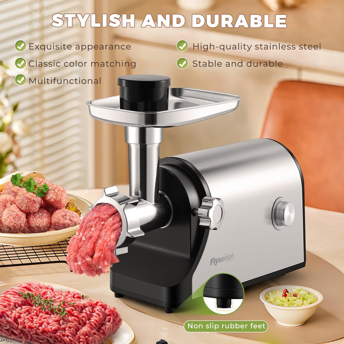 Electric Meat Grinder 3200W Heavy Duty Commercial Meat Grinders, Sausage Stuffer, Kubbe Kit with 2 Cutting Blades, 3 Grinding Plates, 3 Sausage Tubes, Metal Gearbox Meat Grinder for Home Use