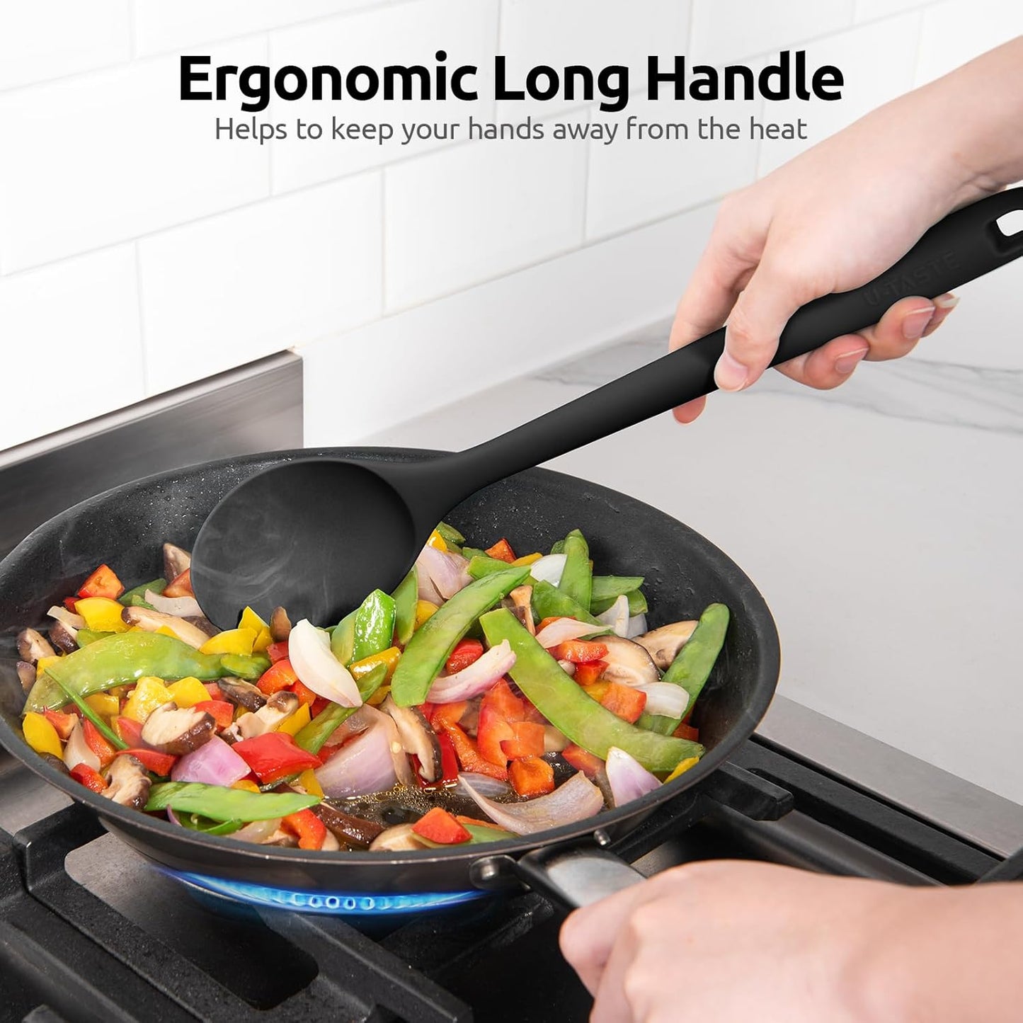 600ºF Heat Resistant Silicone Spoon: U-Taste 13.3in Solid Kitchen Cooking Spoon, Nonstick Food Grade Large & Long Soup Rubber Utensil for Mixing, Serving, Stirring, Basting, for Pot Cookware (Black)