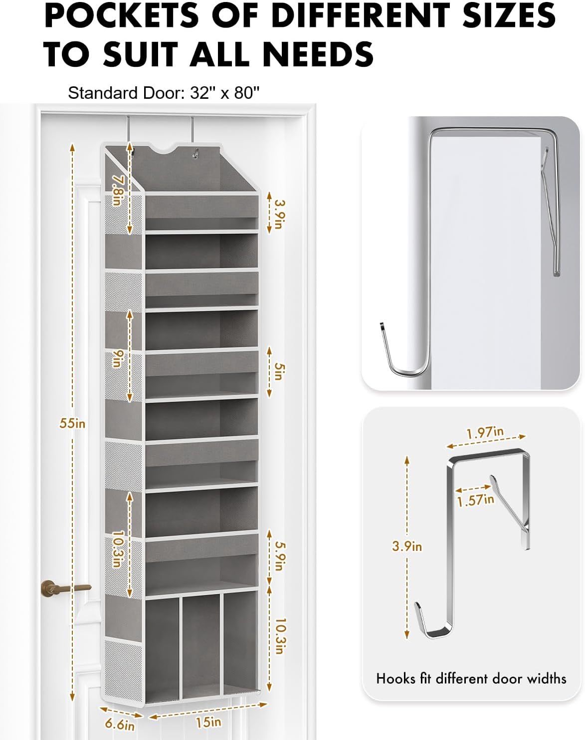 Over The Door Organizer Hanging - 6 Shelf Over Door Organizers with 6 Clear Front & 12 Side Pockets - Swing-proof 50LB Load Behind Door Storage for Closet Bedroom Bathroom Nursery Baby Essentials