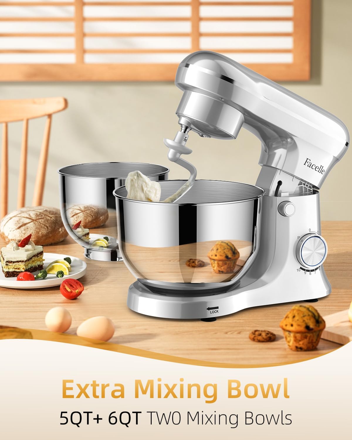 Facelle Tilt-Head Stand Mixer, 5QT+6QT Stainless Steel Two Bowls, 10 Speeds Kitchen Electric Food Mixer with Egg Whisk, Dough Hook, Beater, Dishwasher-Safe Attachment, Ideal Gift for Mom