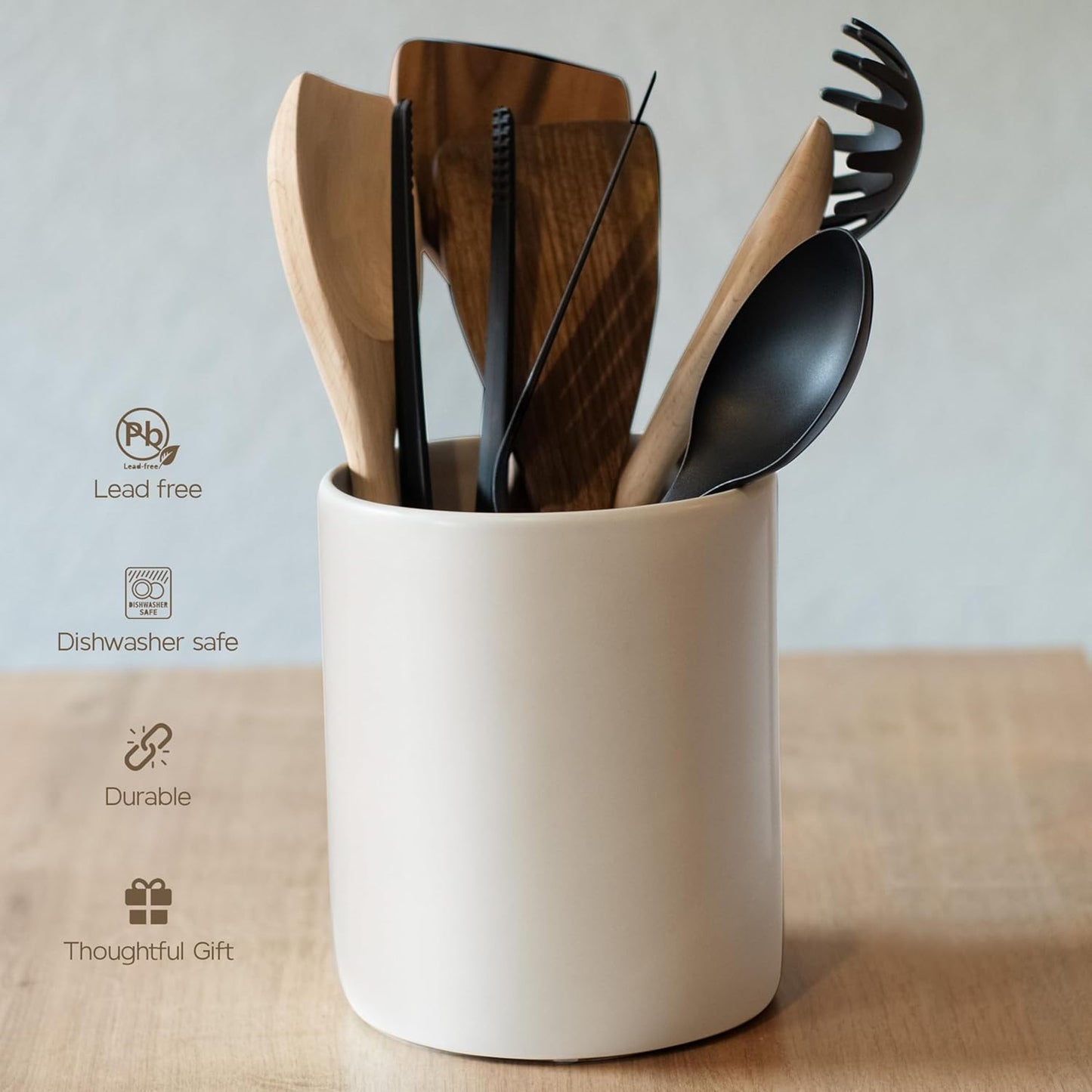 Ceramic Large Kitchen Utensil Holder for Countertop, 7"x5.9", Stable & Sturdy, Cooking Utensils Holder, Smooth & Matte Cream Color,Silicone Pads, Utensil Organizer for Kitchen Counter Decor