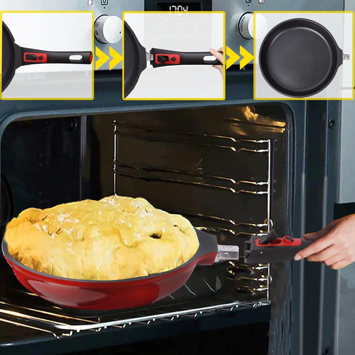 DIIG Nonstick Frying Pan Skillet with Silicone Lid, 11.5 Inch Oven Safe Chef Pan for Cooking Saute Omelet Sauce Pan Cast Aluminum Red Cookware with Detachable Handle, Induction All Stoves Compatible