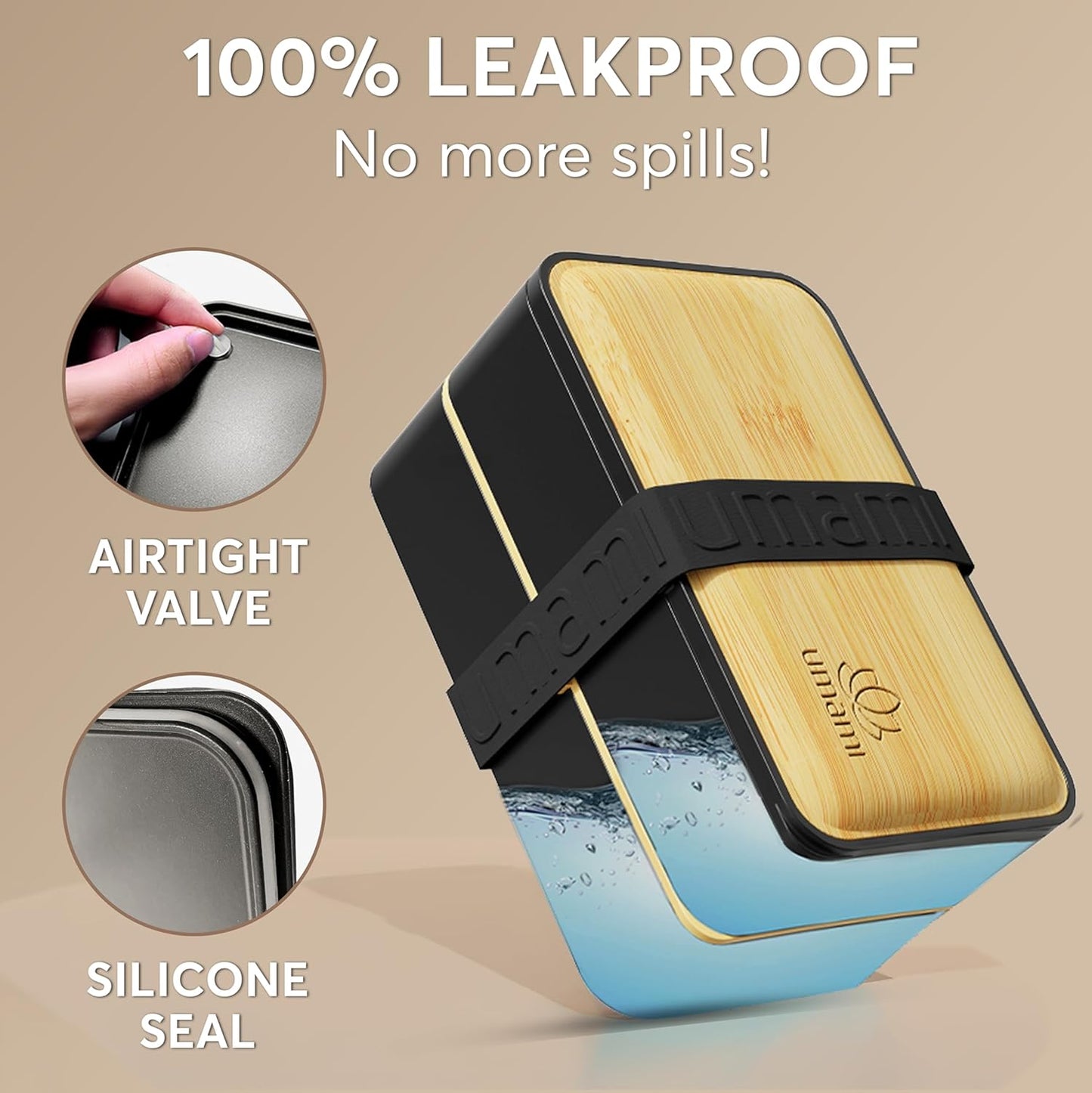 Umami Bento Box Adult All-In-1 w/4 Utensils, Big Sauce Jar, 2 Dividers, 100% Leakproof, Microwave & Dishwasher Safe, Stackable Bento Lunch Box Containers for Men/Women, Black & Bamboo, 40 oz