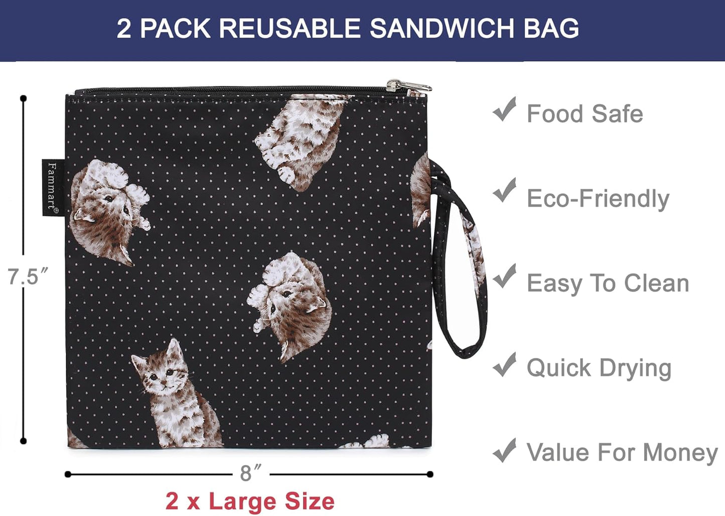 Reusable Sandwich Bag/Snack Bag for Kids & Adults, Dual Layer Lunch Bag with Handle, Washable, Food Safe, BPA Free (2-Pack, Dot&Cat)