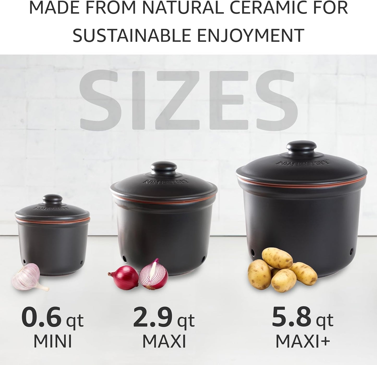 Romertopf Freshness Storage Potato Onion Garlic Clay Pot Set of 3 with Lids - Black