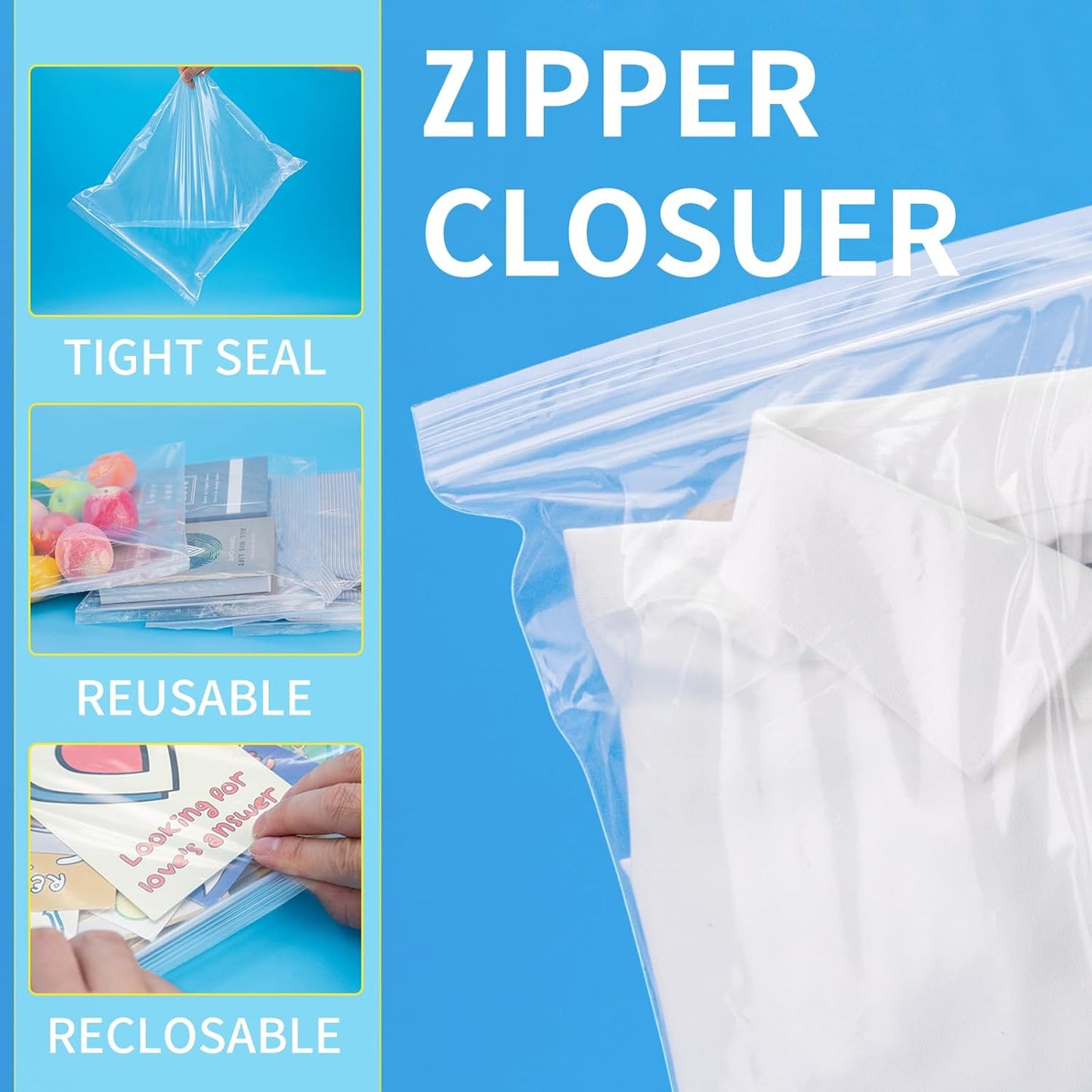 60 Pcs 10" x 13" Clear Big Plastic Zipper Bags, 2 Mil Reclosable Poly Bags with Zip Seal for Clothing, T-Shirt, Prints, Photos, Documents