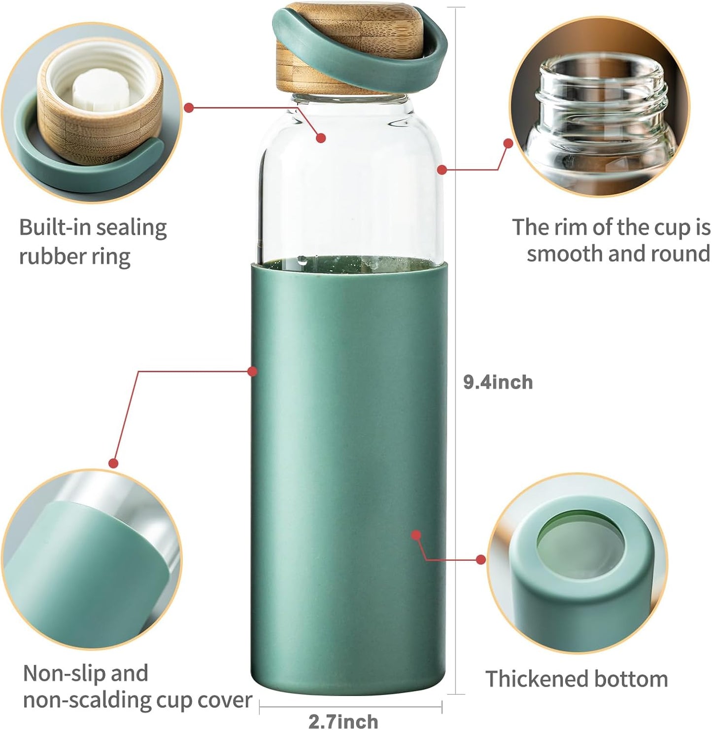 21oz Borosilicate Glass Water Bottles with Silicone Non-Slip Sleeve & Leak-Proof Lid-Reusable Drink Bottle for Office,Travel,Gym,Hiking-BPA Free,Ideal Gift for Home,Car &Fitness (Pink+Green)