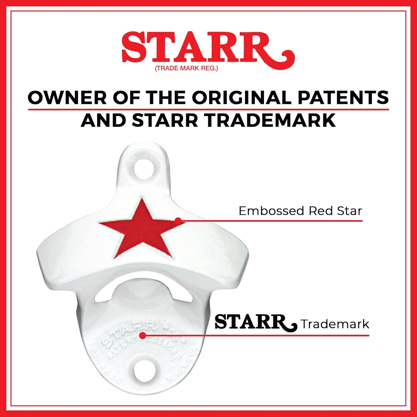 STARR "X" White with Red Star Bottle Opener | Heavy-Duty Bottle Opener Wall Mounted for Home Bar, Man Cave, and Patio | Easy Cap Removal