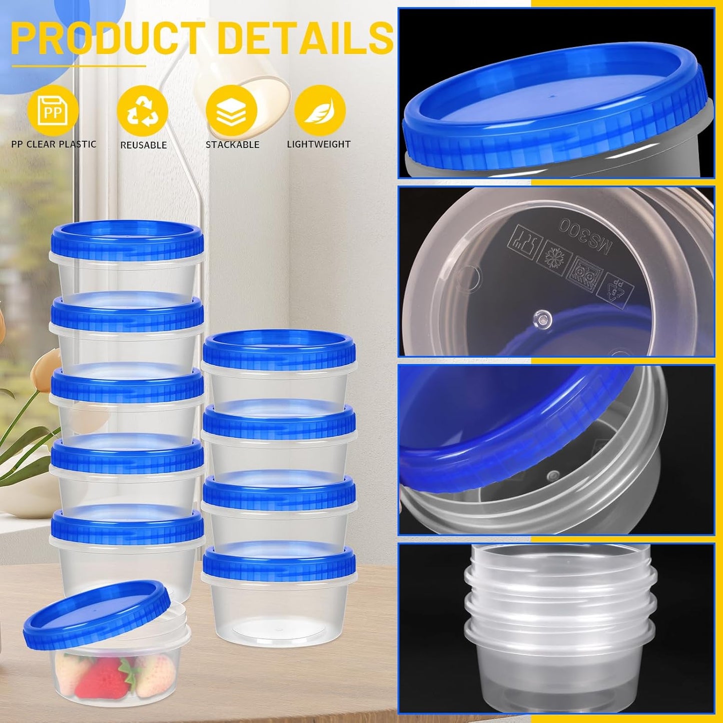 12 Pack Freezer Containers with Screw On Lids, 8 Oz Stackable Reusable Plastic Storage Container, Airtight Plastic Food Storage Containers with Twist Top Lids for Food Soup Jello Sauce