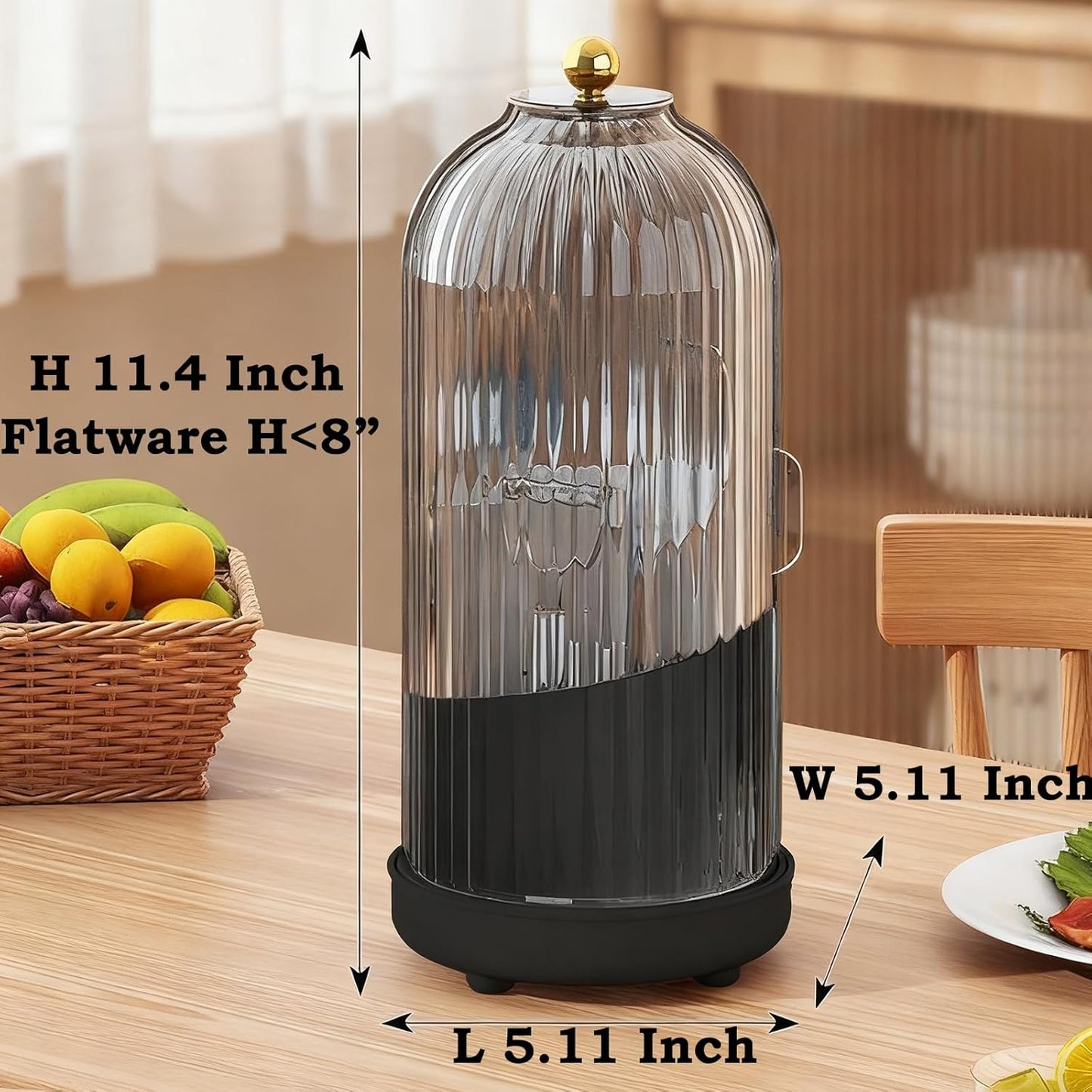 JEESA Utensil Holder with Lid, 360° Rotating Flatware Organizer for Cutlery Spoon Fork(H Less 8"), Silverware Caddy Organizer Drainage Dustproof Flatware Holder Kitchen Countertop Storage, Black