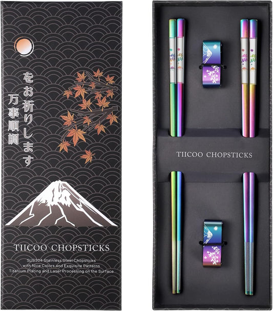 Metal Chopsticks Reusable 2 Pairs Titanium Plated 18/8 Stainless Steel Chopsticks with Holder, Dishwasher Safe Non-Slip Japanese Style Laser Engraved Chop Sticks Gift Set (Rainbow)