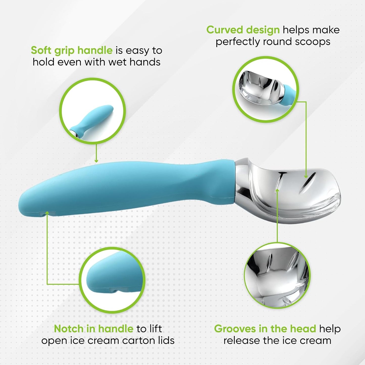 Spring Chef Heavy Duty Premium Ice Cream Scoops with Soft Grip Handle, Metal Ice Cream Scooper for Cookie Dough, Frozen Yogurt, Gelato, Sorbet, Sundae, Melon - Dishwasher Safe - 2 Pack - Aqua Sky